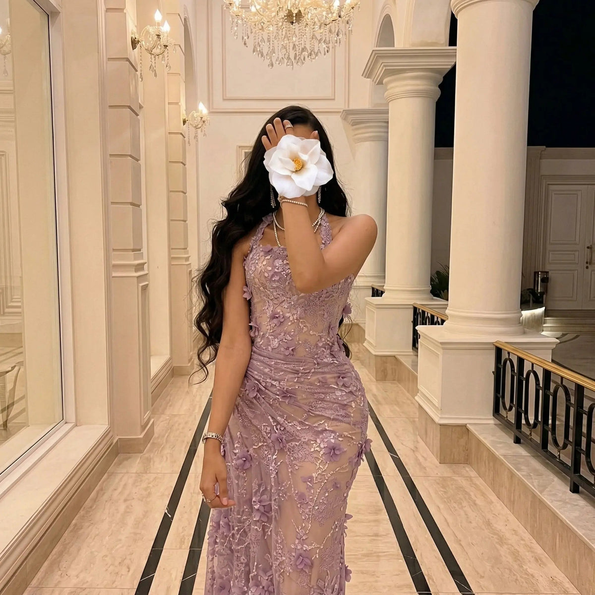 Luxury Lavender Lace Halter Evening Dress with Sequins SF524