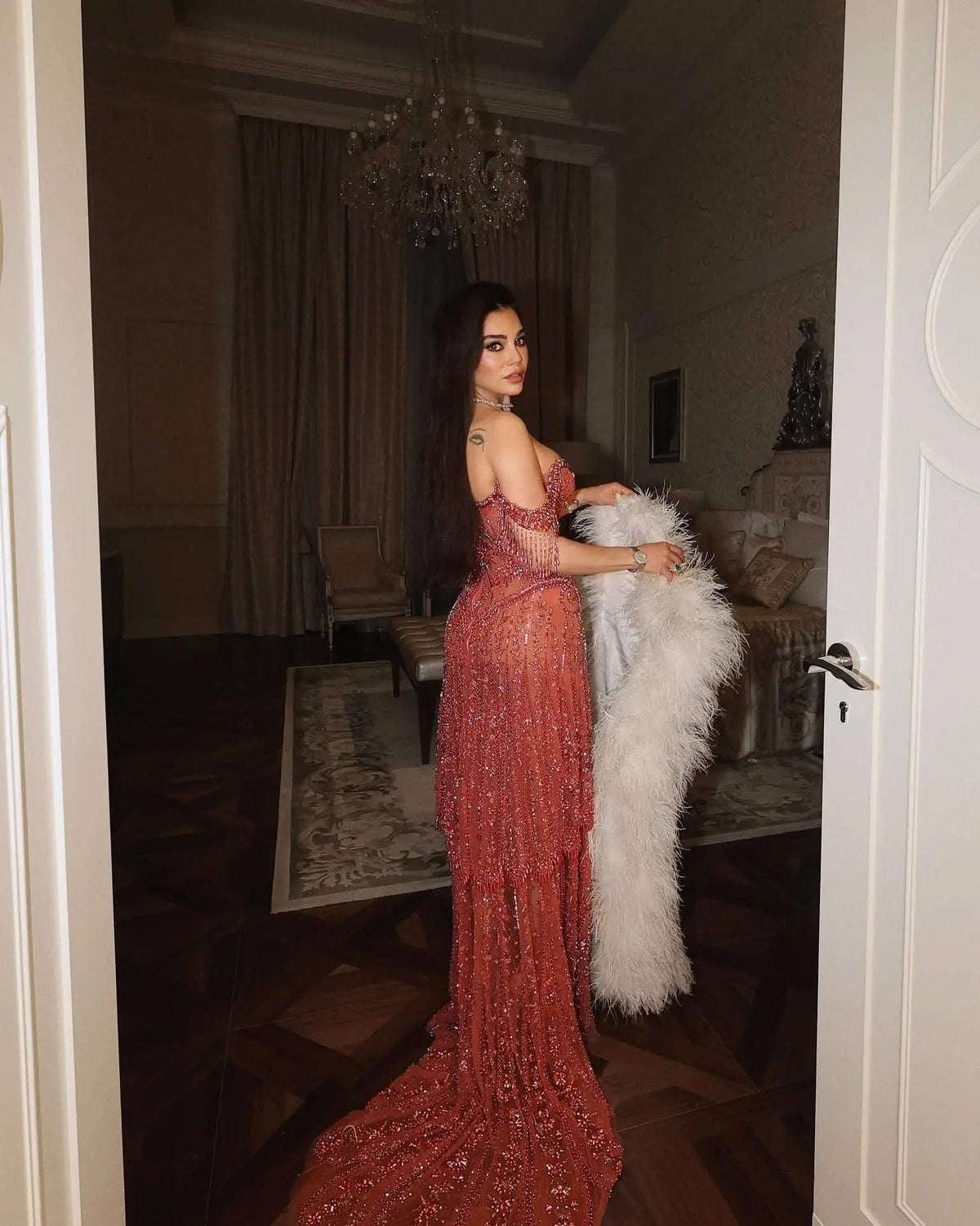 Fuchsia Beading Tassel Off-Shoulder Sleeves Evening Dresses SS516
