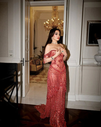Fuchsia Beading Tassel Off-Shoulder Sleeves Evening Dresses SS516