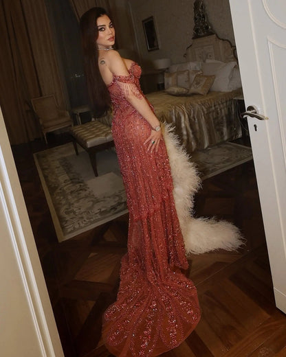 Fuchsia Beading Tassel Off-Shoulder Sleeves Evening Dresses SS516