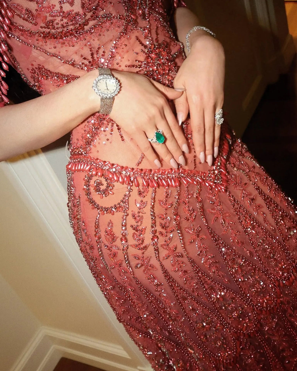 Fuchsia Beading Tassel Off-Shoulder Sleeves Evening Dresses SS516