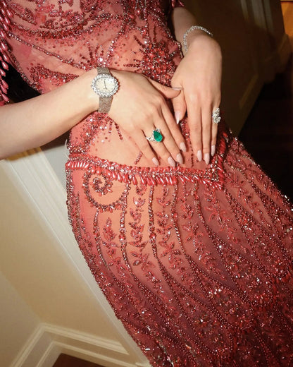 Fuchsia Beading Tassel Off-Shoulder Sleeves Evening Dresses SS516