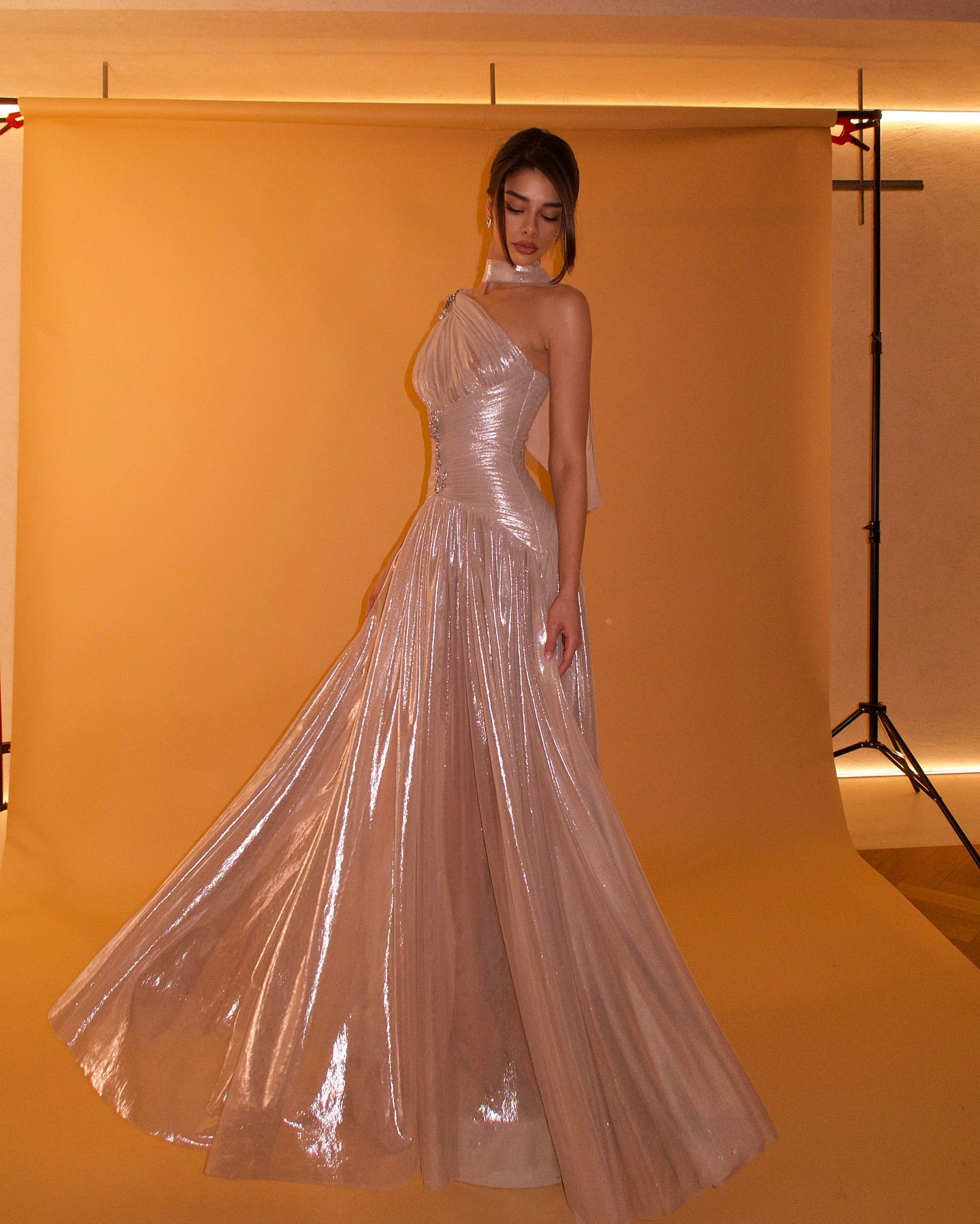 Pink One-Shoulder Sheer Waist-Fitted Elegant Evening Dress SF235