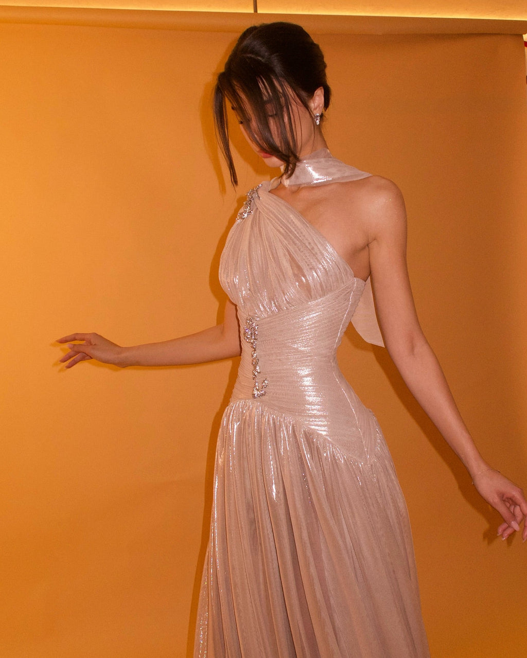 Pink One-Shoulder Sheer Waist-Fitted Elegant Evening Dress SF235