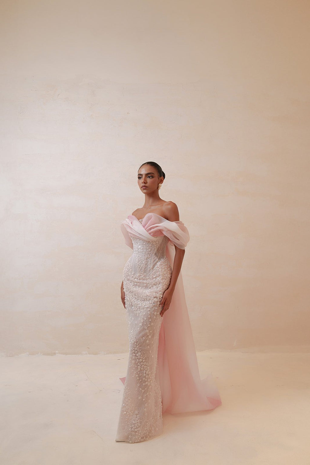 Elegant Blush Pink Draped Sequin Off-the-Shoulder Evening Dress SS519