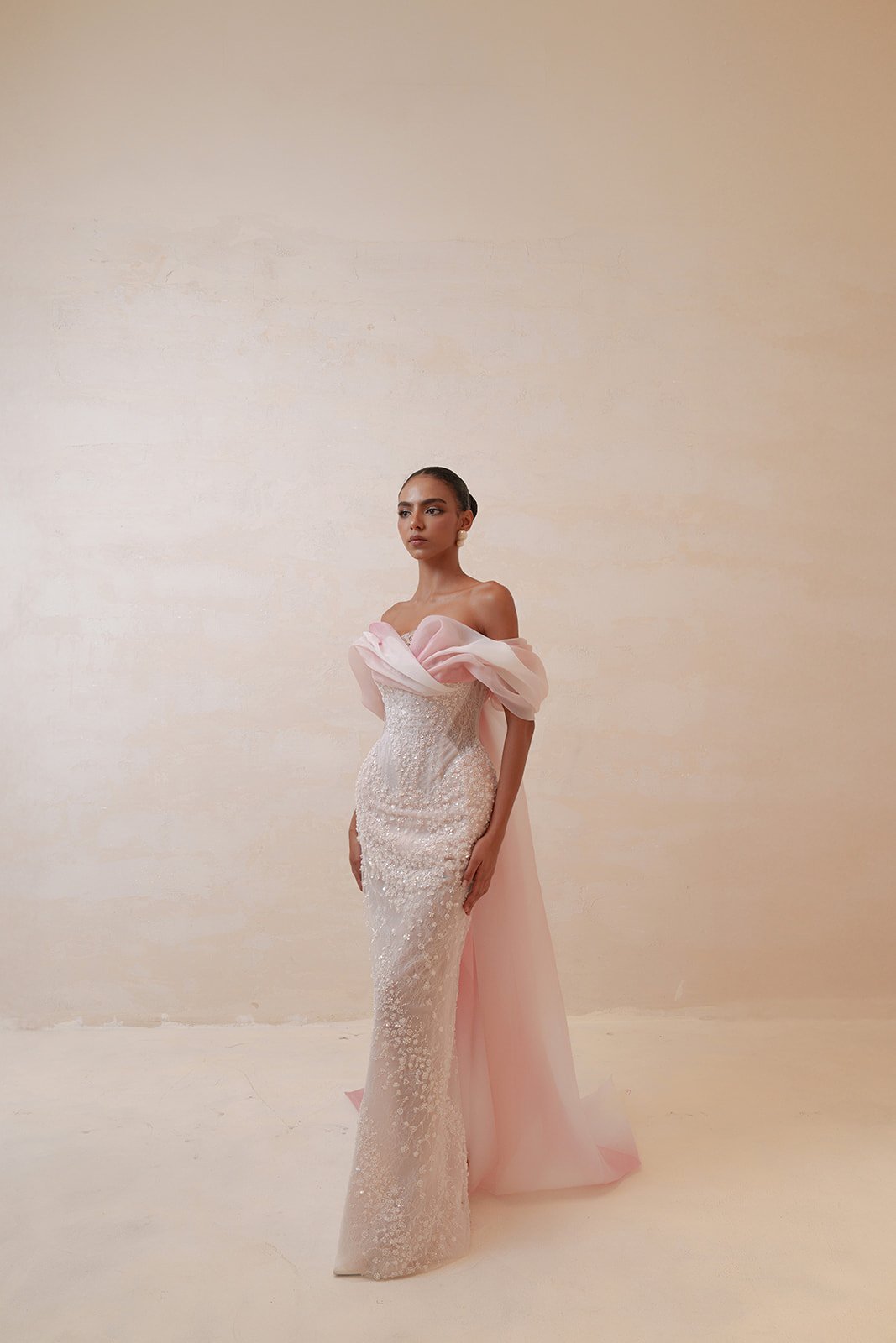 Elegant Blush Pink Draped Sequin Off-the-Shoulder Evening Dress SS519
