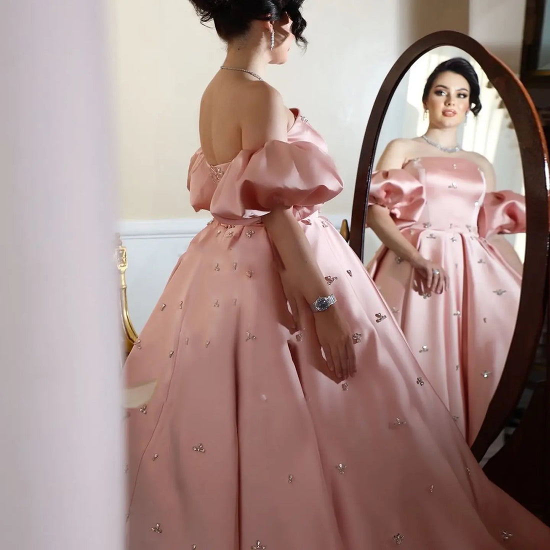 For Sale Crystal Blush Pink Satin Off-Shoulder Evening Dresses SS442