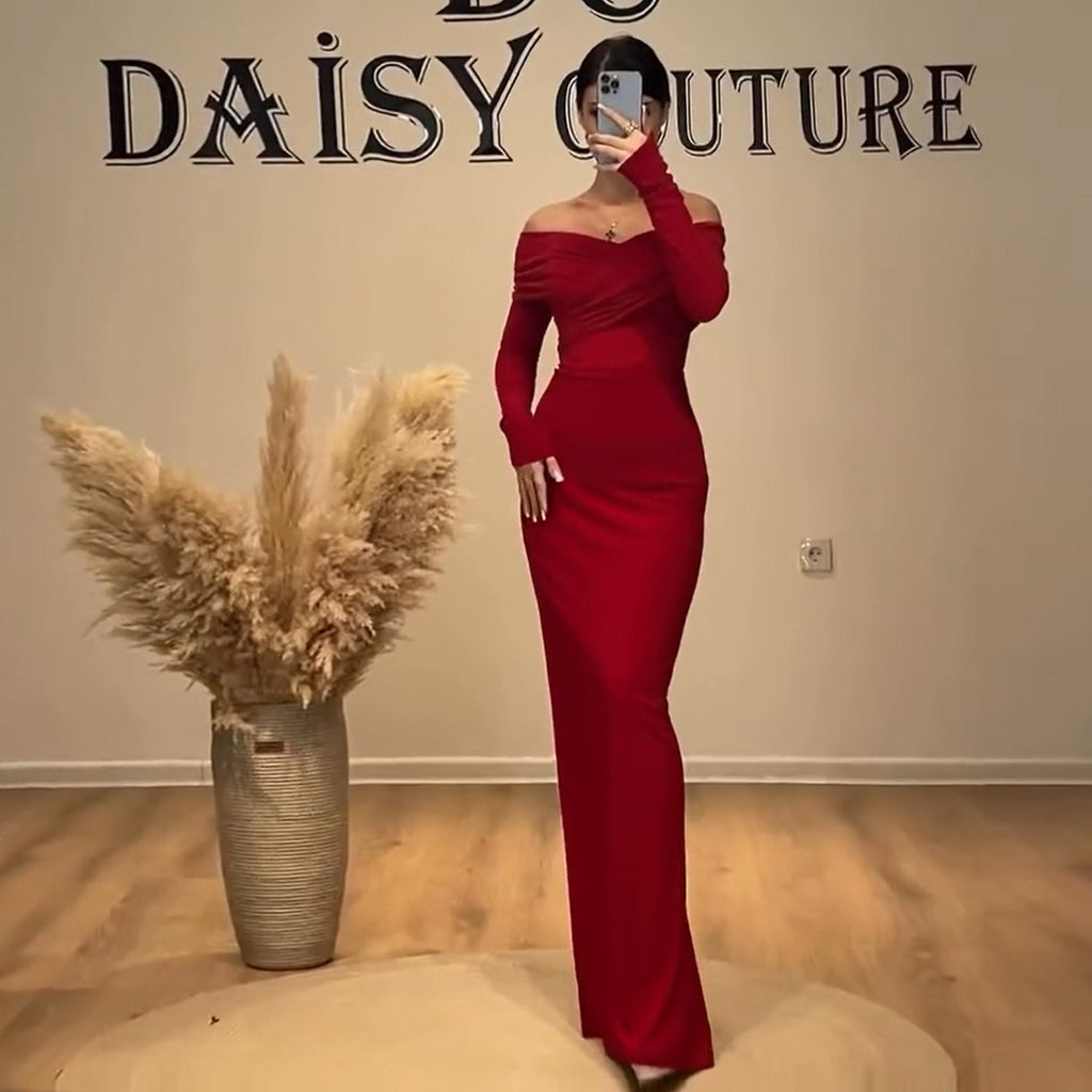 Glamorous Off-Shoulder Red Satin Fitted Evening Dress SF132