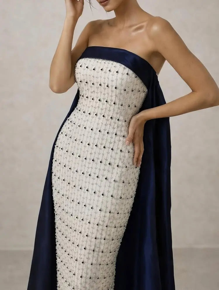 Luxury Navy Blue White Strapless Evening Dress SS422