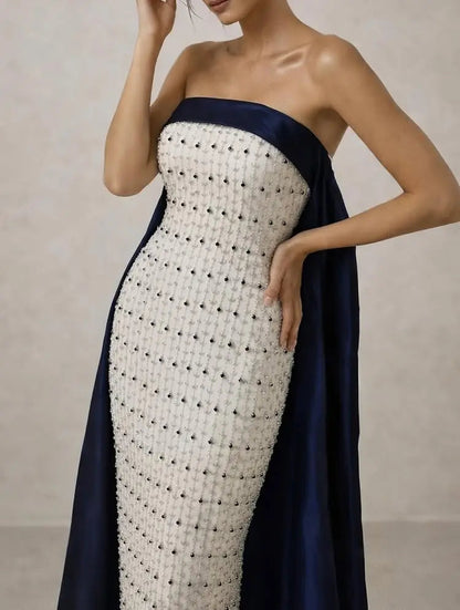 Luxury Navy Blue White Strapless Evening Dress SS422