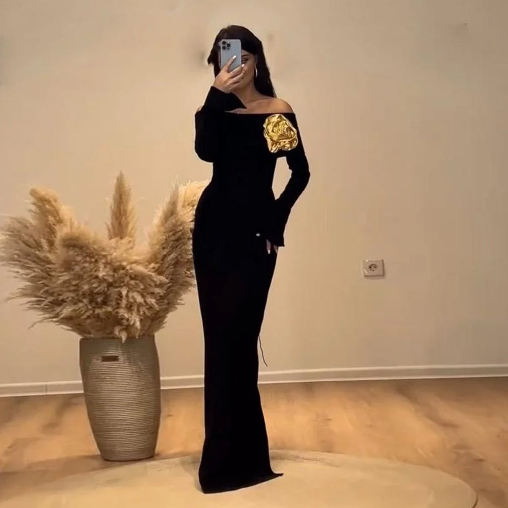 Luxury Off-Shoulder Black 3D Gold Floral Bodycon Evening Dress SF133