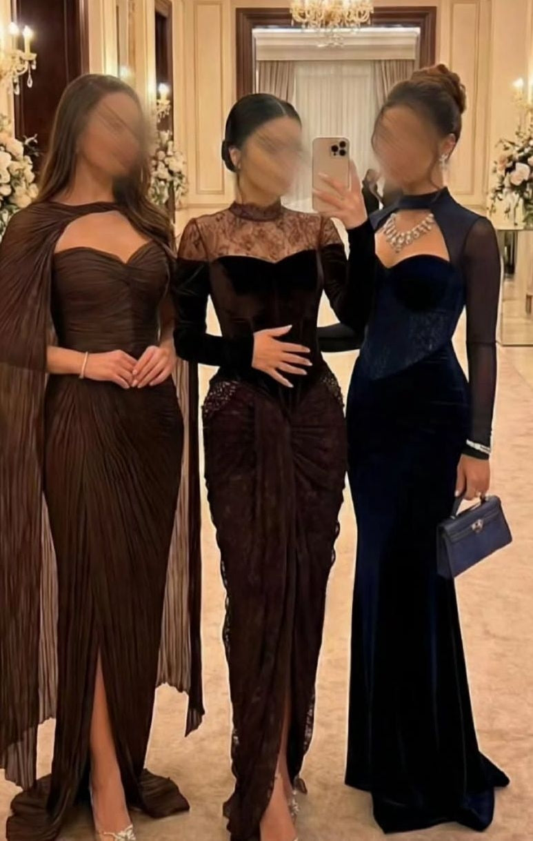 Elegant High-Neck Lace-Velvet Contrast Evening Dress SF446