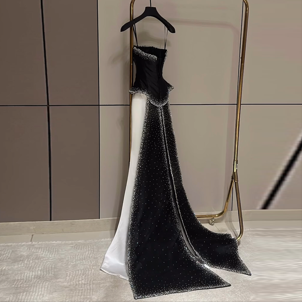 Luxury Black and White Beaded Strapless Evening Dress SF308