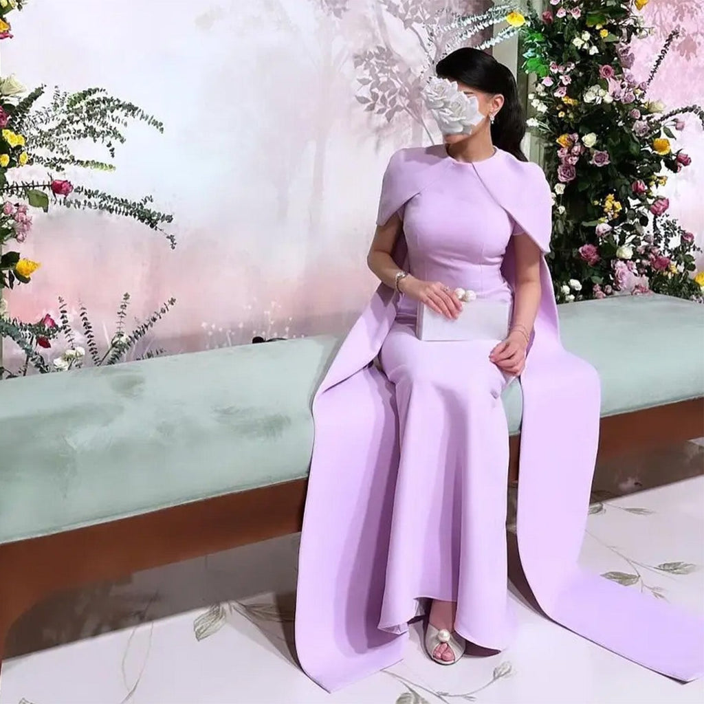 Elegant Pink O-Neck Mermaid Evening Dress with Cape Sleeves SF033