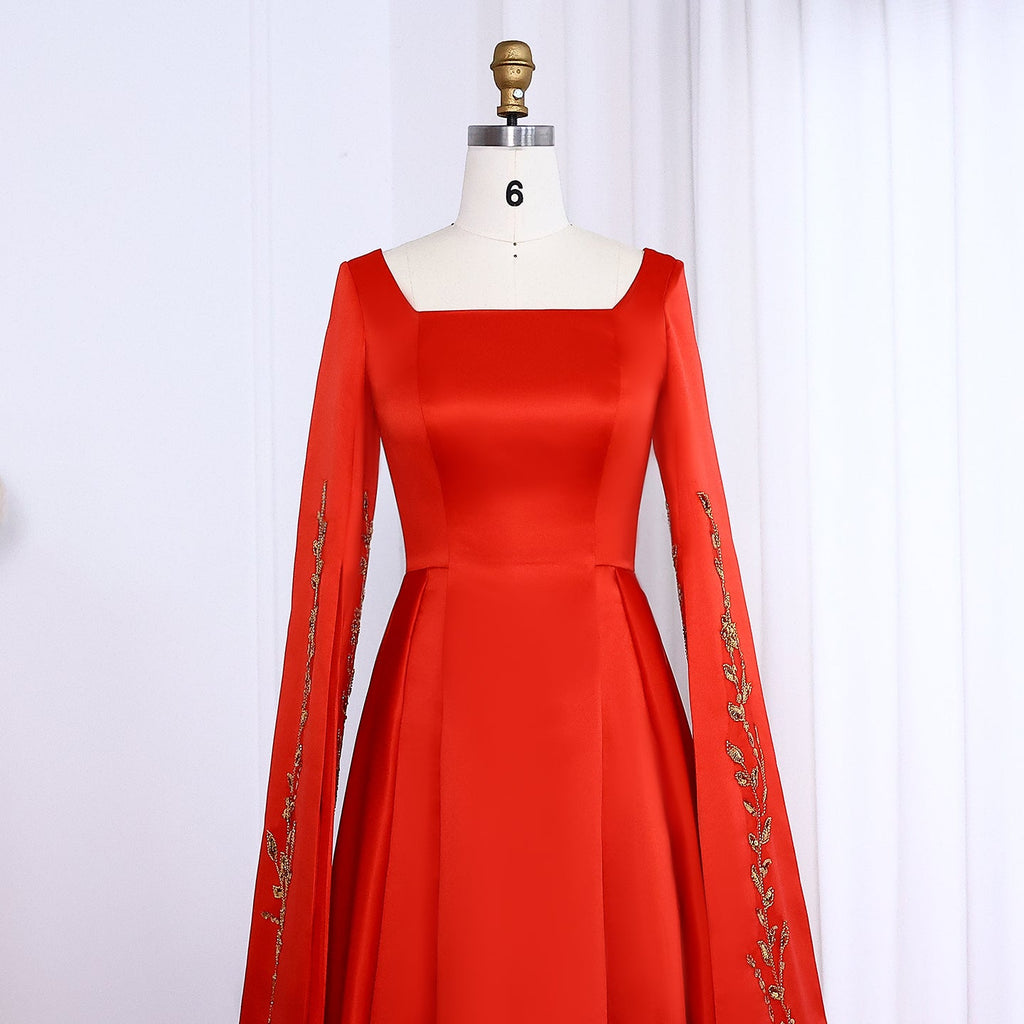 Elegant Floral Embroidery Red Evening Dress with Cape Sleeve SS568