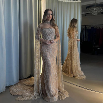Luxury Beaded Red Mermaid Evening Dress with Cape Sleeves SS663