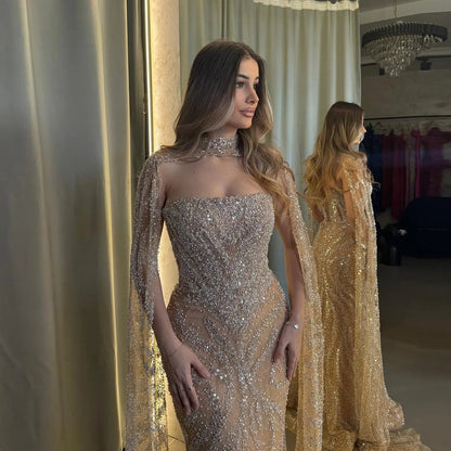 Luxury Beaded Red Mermaid Evening Dress with Cape Sleeves SS663