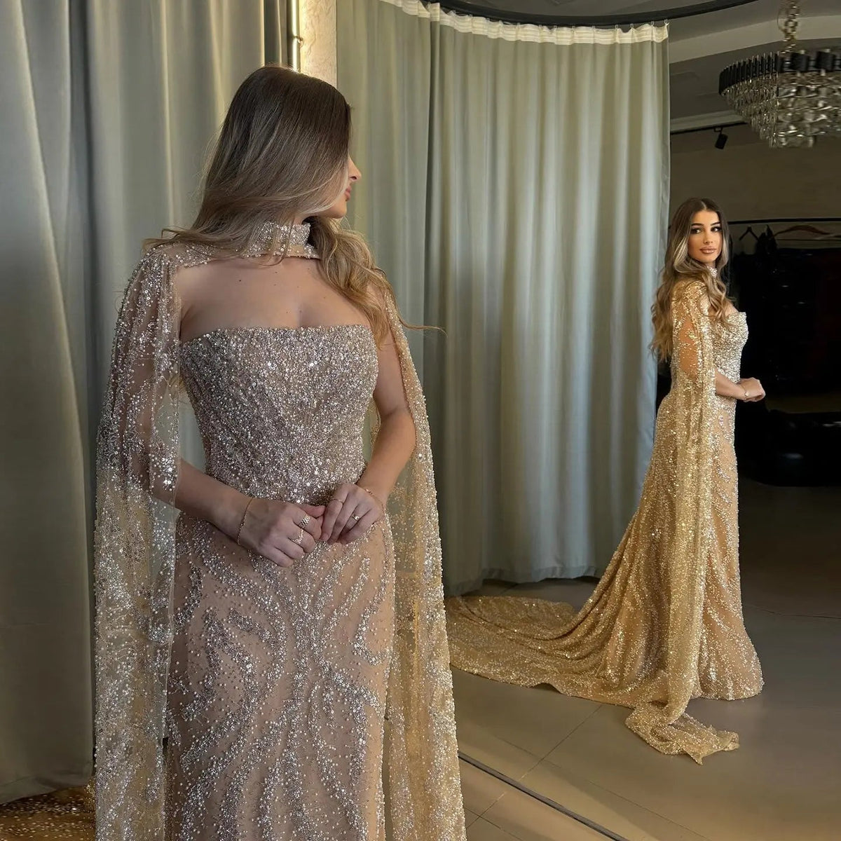 Luxury Beaded Red Mermaid Evening Dress with Cape Sleeves SS663
