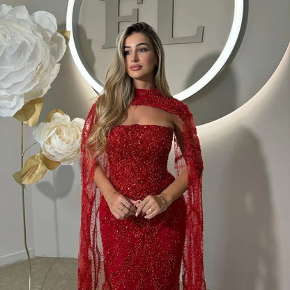 Luxury Beaded Red Mermaid Evening Dress with Cape Sleeves SS663