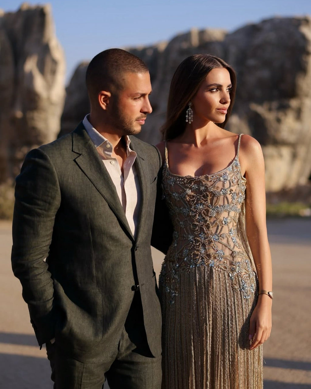 Luxury Champagne Crystal Beaded Sheer Cape Sleeve Evening Dress SS538