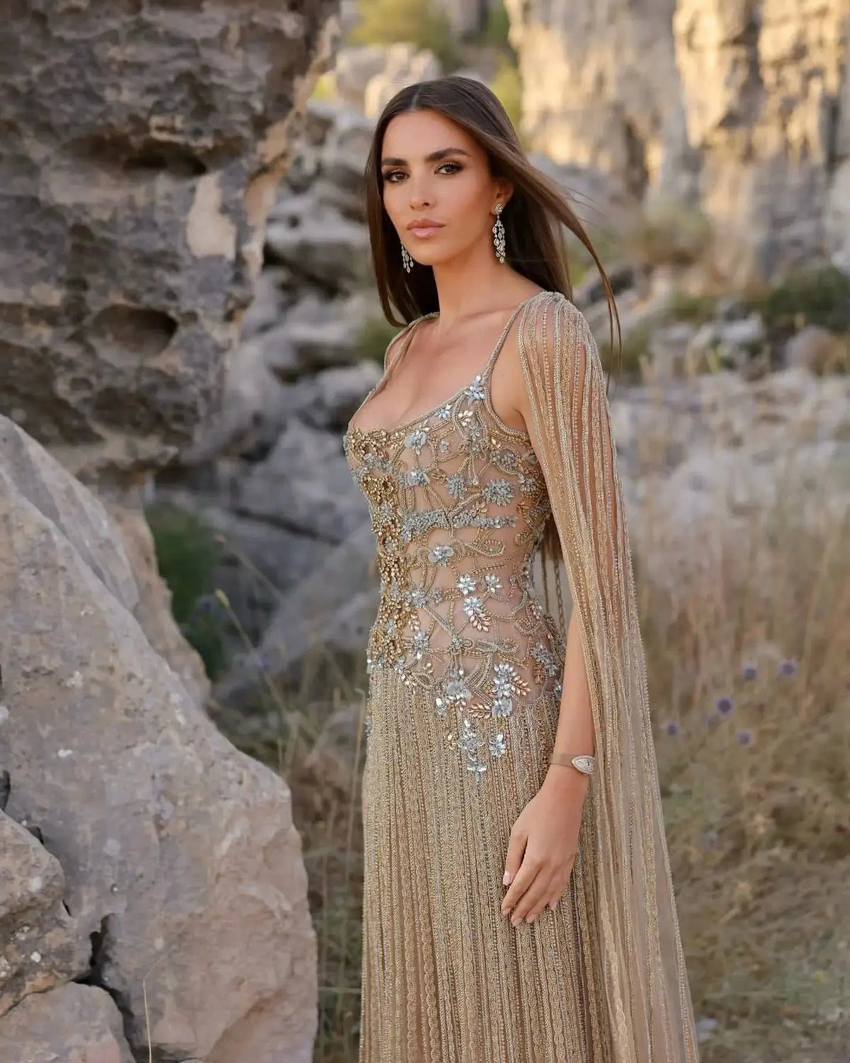 Luxury Champagne Beaded Glitter Sheer Cape Sleeve Mermaid Evening Dress SS538