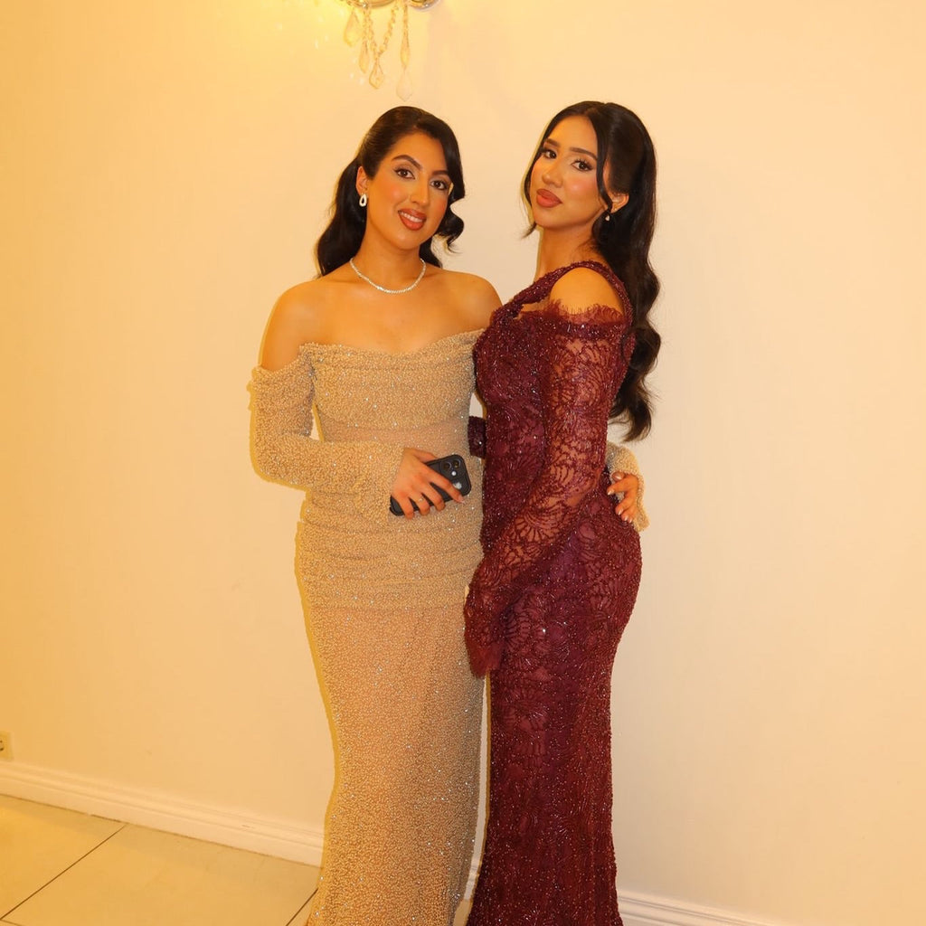 Luxury Wine Red Sequin Off-the-Shoulder Lace Mermaid Evening Dress SF459