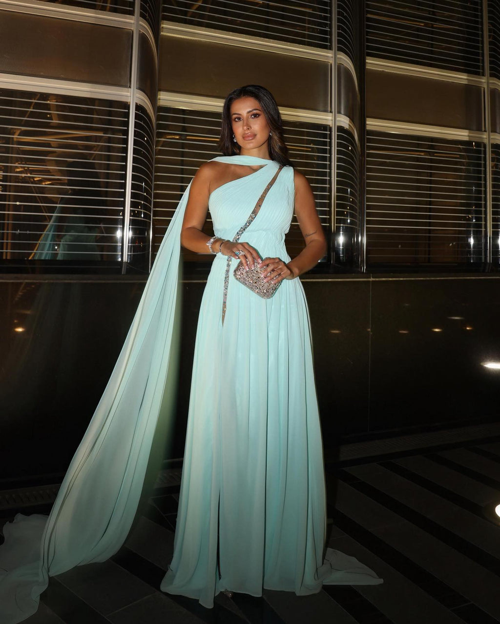 Luxury Beaded Aqua A-Line Chiffon Evening Dress SF234