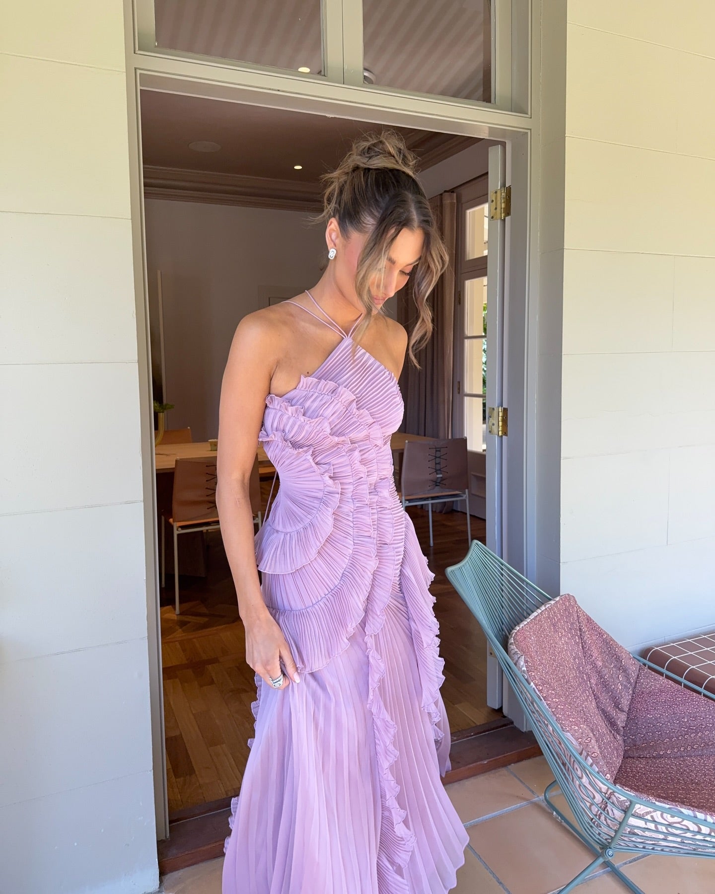 Luxury Lilac Strapless Ruffle Trim High-Slit  Evening Dress SF454