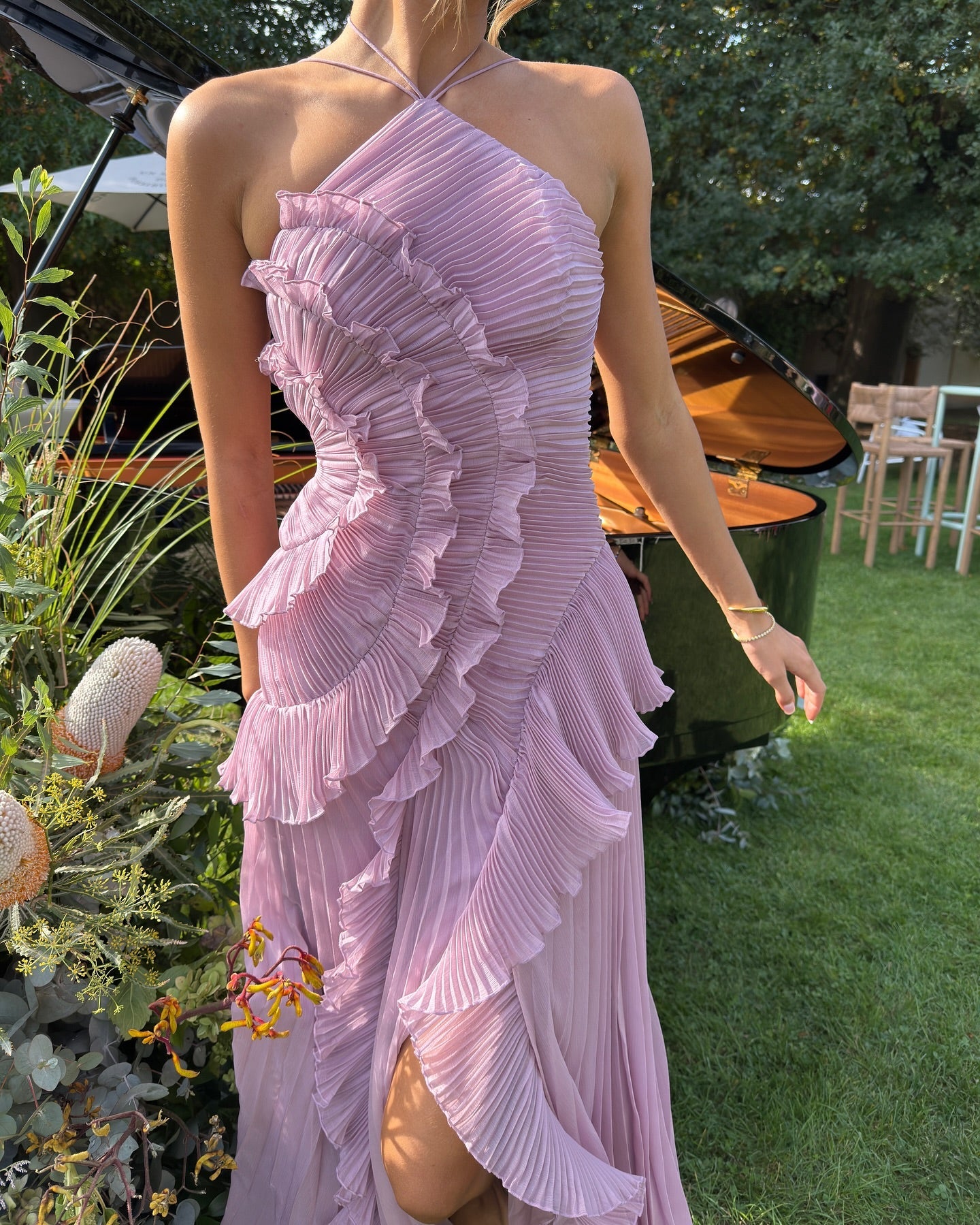 Luxury Lilac Strapless Ruffle Trim High-Slit  Evening Dress SF454