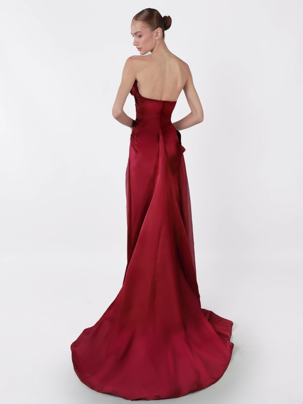 Luxury Wine Red Strapless Ruched Satin Evening Dress with Overskirt SF021