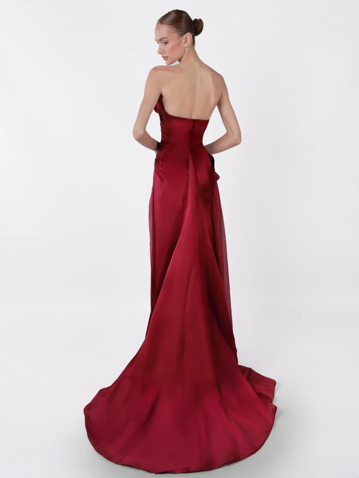Luxury Wine Red Strapless Ruched Satin Evening Dress with Overskirt SF021