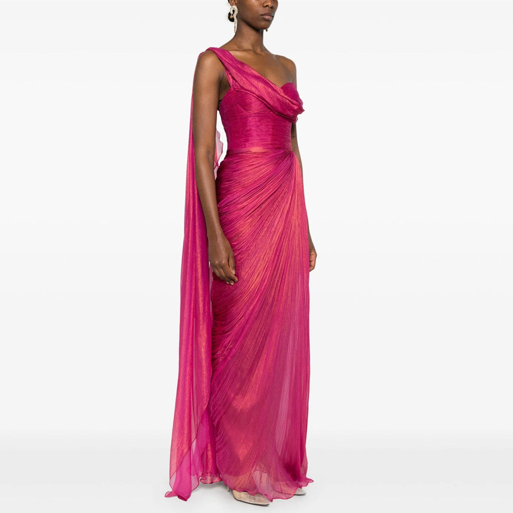 Luxury Fuchsia One Shoulder Evening Dress with Cap SF029