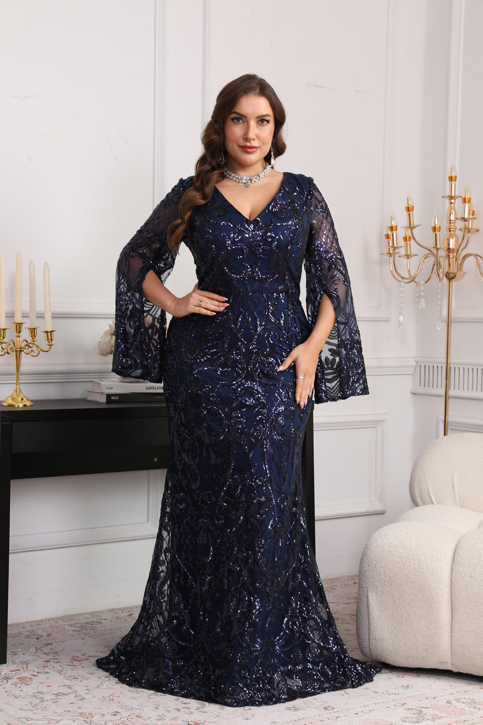 Luxury Navy Blue Sequin Batwing Sleeve Evening Dress SF624