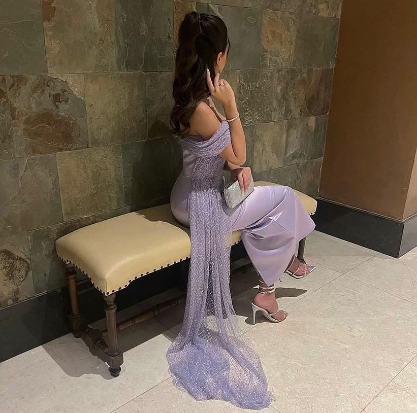 Elegant Beaded Lilac Off Shoulder Evening Dress with Overskirt SS340