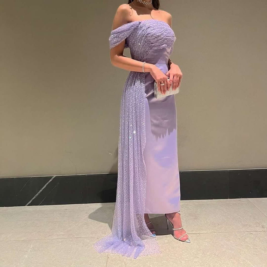 Elegant Beaded Lilac Off Shoulder Evening Dress with Overskirt SS340