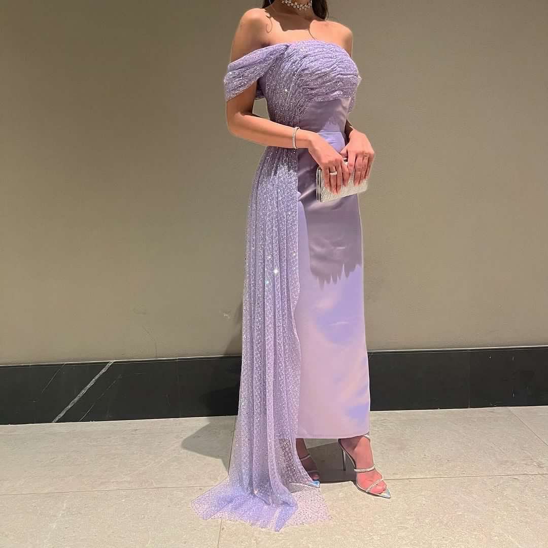 Elegant Beaded Lilac Off Shoulder Evening Dress with Overskirt SS340