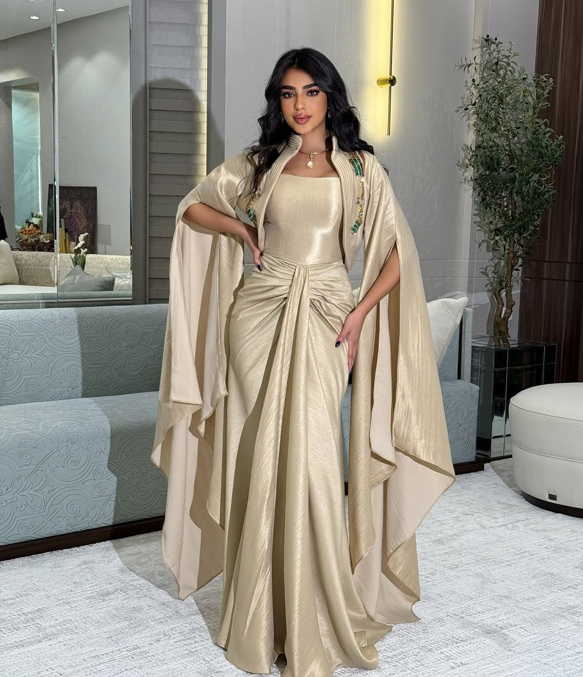 Elegant Beaded Champagne Draped Evening Dress with Cape SF198