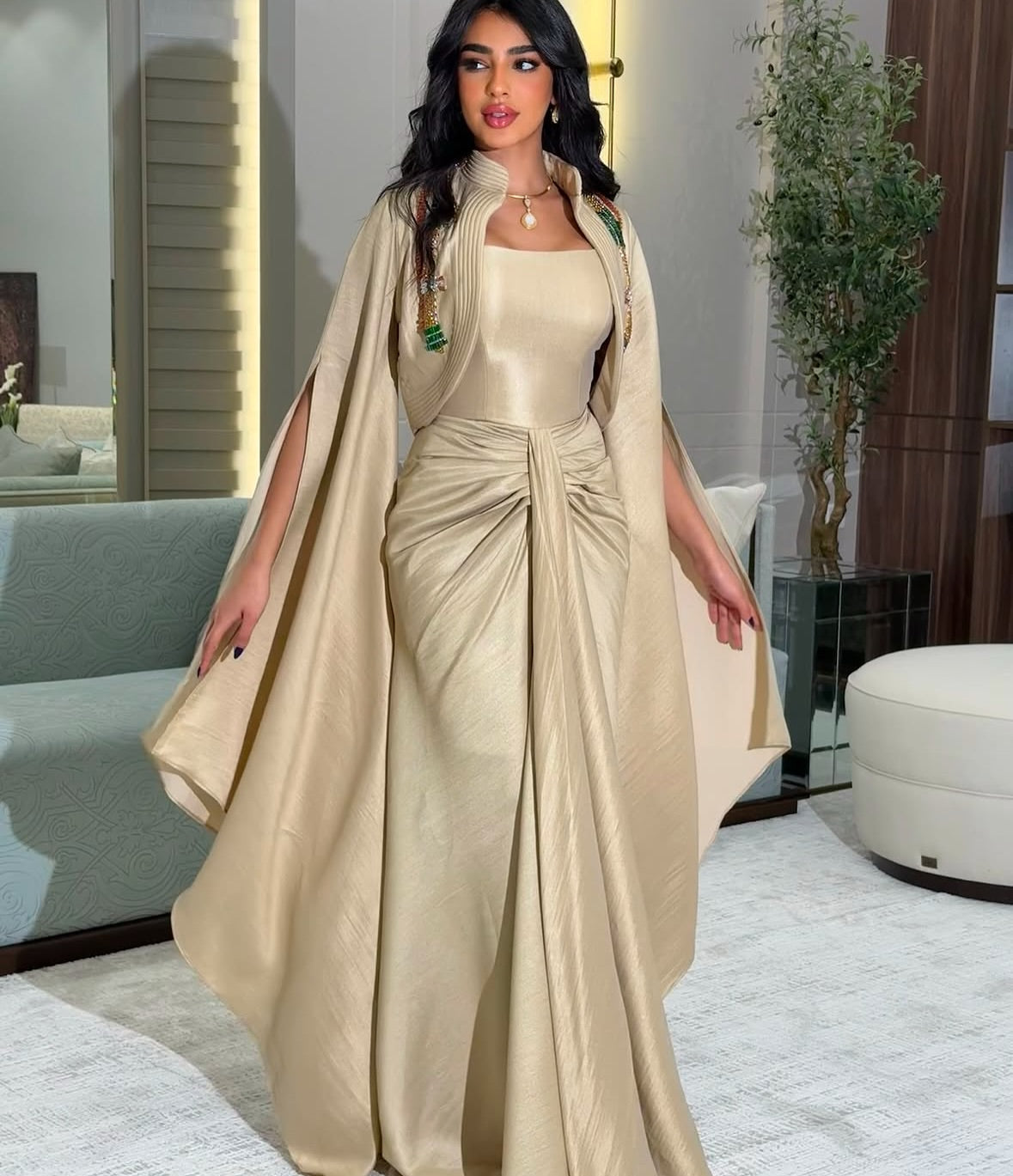 Elegant Beaded Champagne Draped Evening Dress with Cape SF198