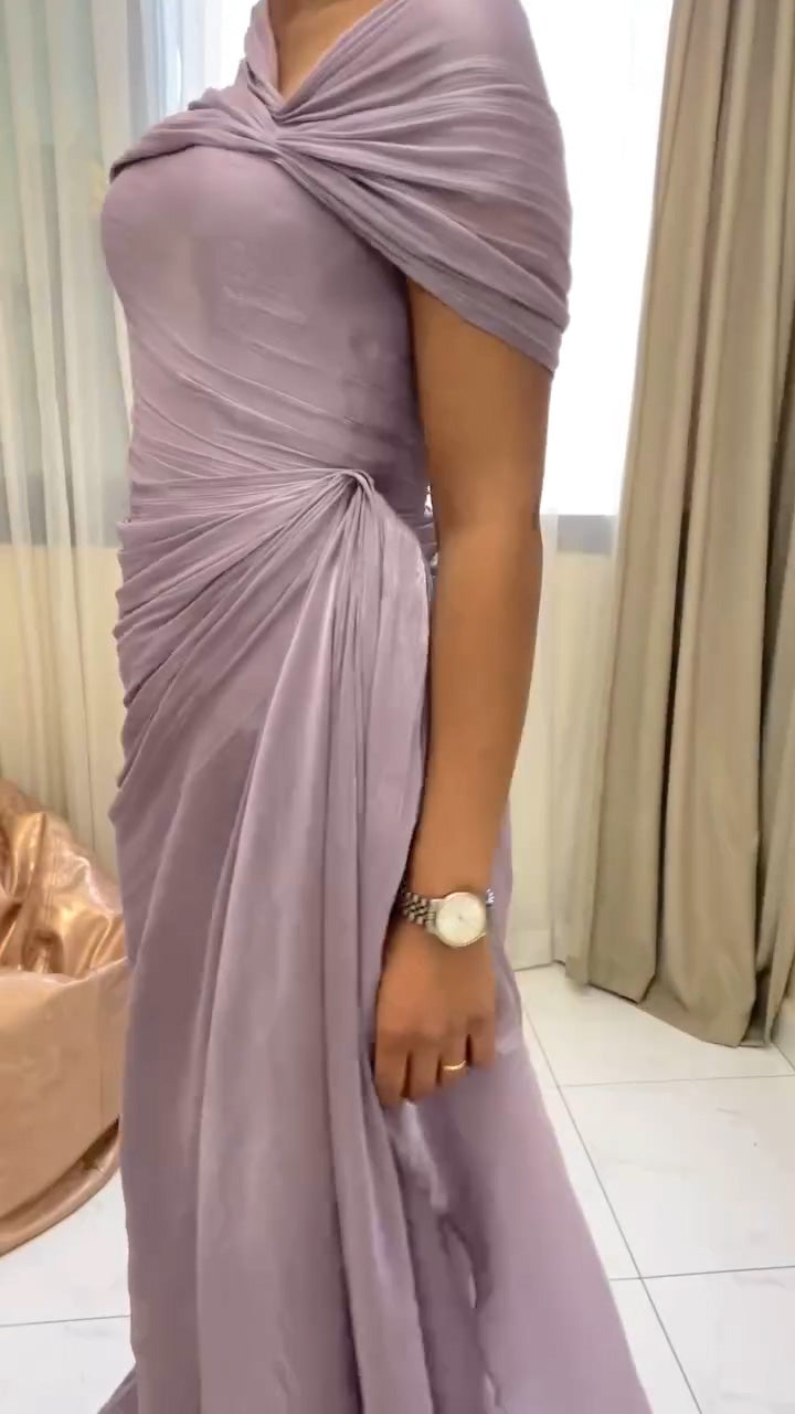 Elegant Lilac Draped Evening Dress with Cape SF199