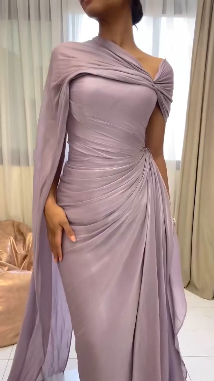 Elegant Lilac Draped Evening Dress with Cape SF199