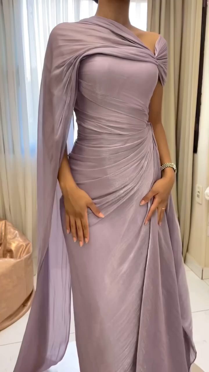 Elegant Lilac Draped Evening Dress with Cape SF199