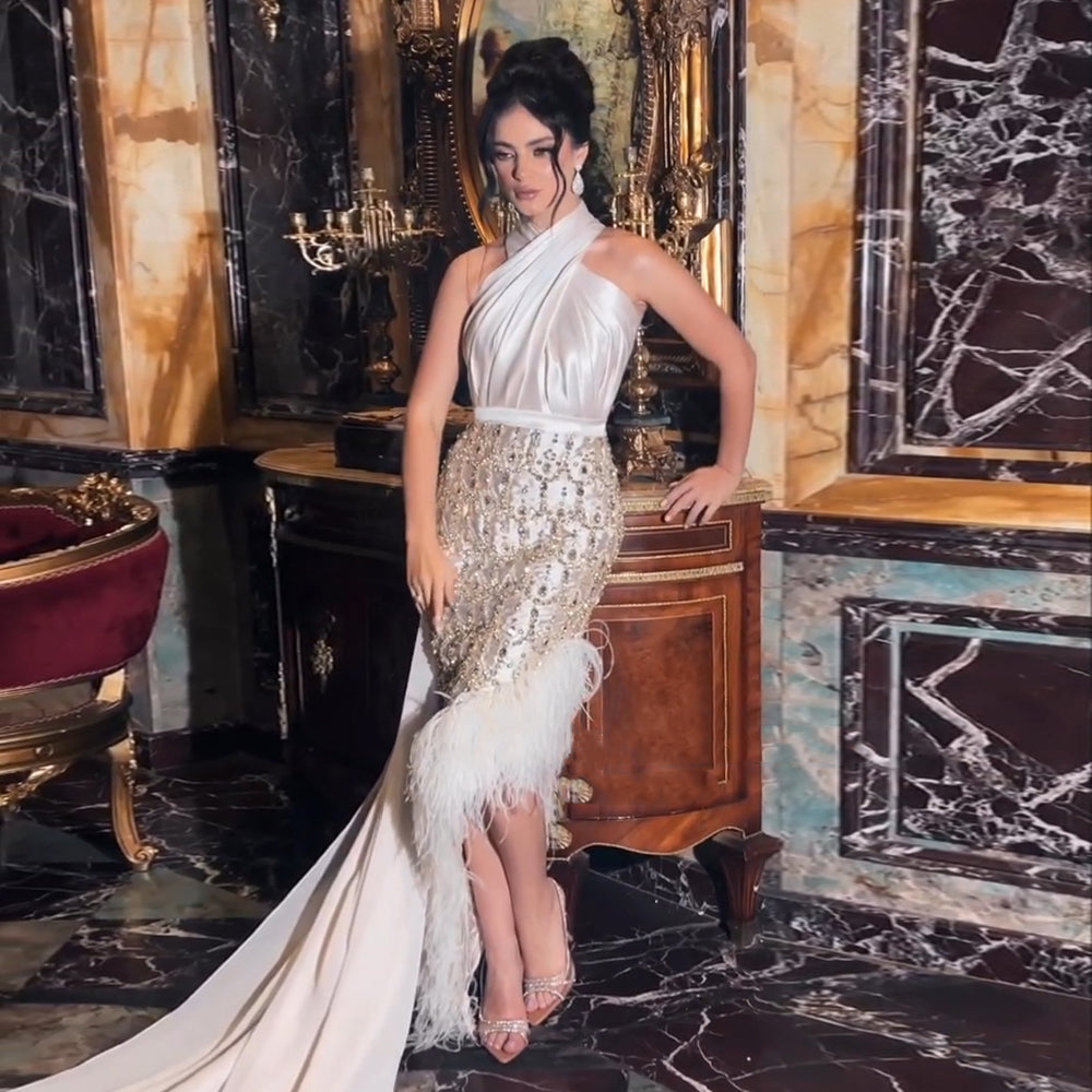 Luxury Feather White Halter Mermaid Evening Dress with Cape SS350