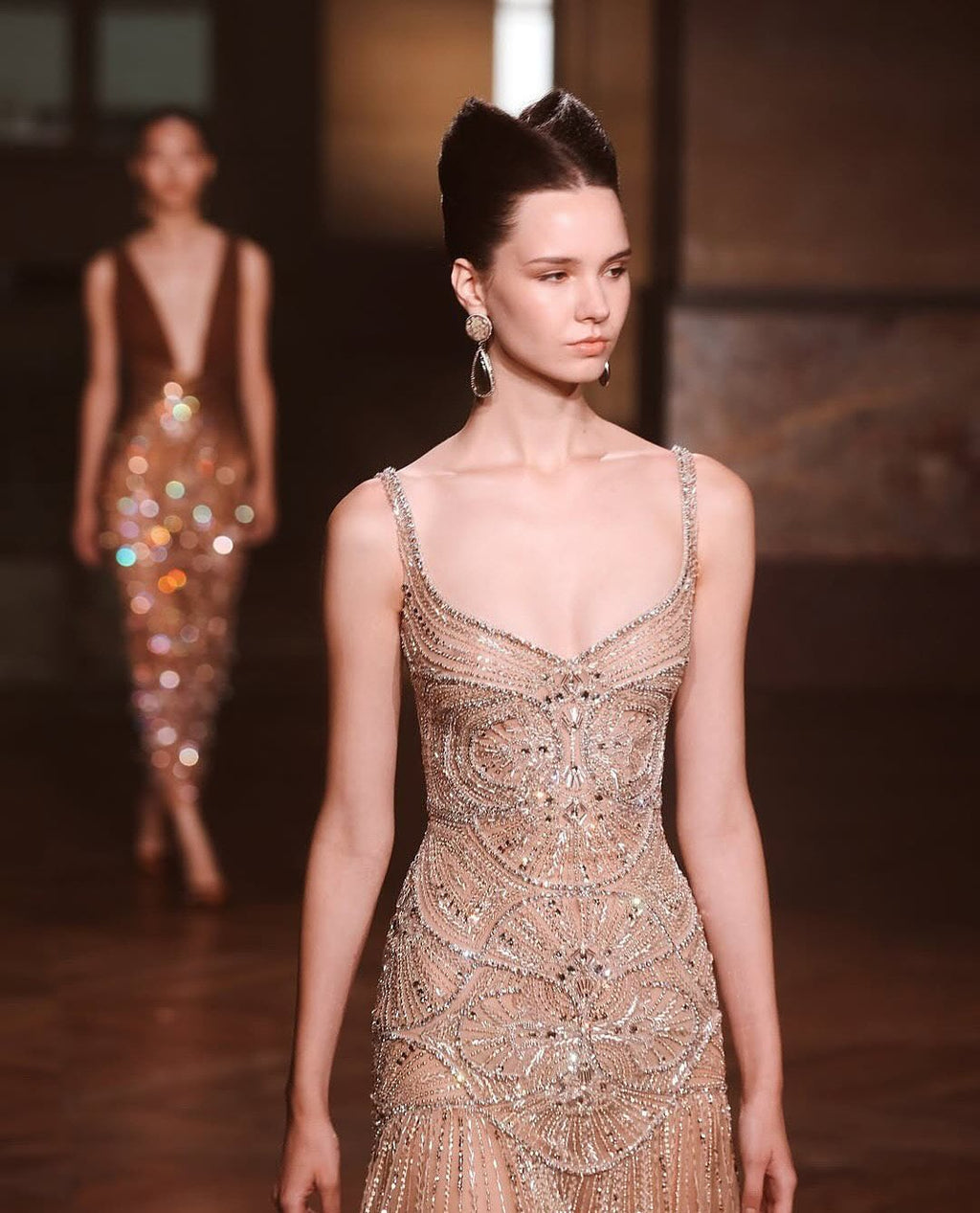 Elegant Champagne Ruffled Beaded Evening Dress SS552