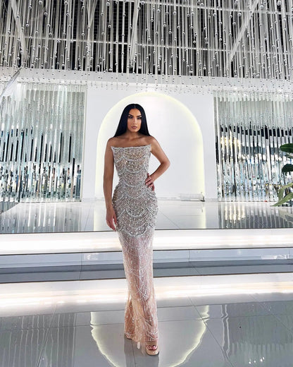 Luxury Pearls Silver Nude Strapless Evening Dress SS681