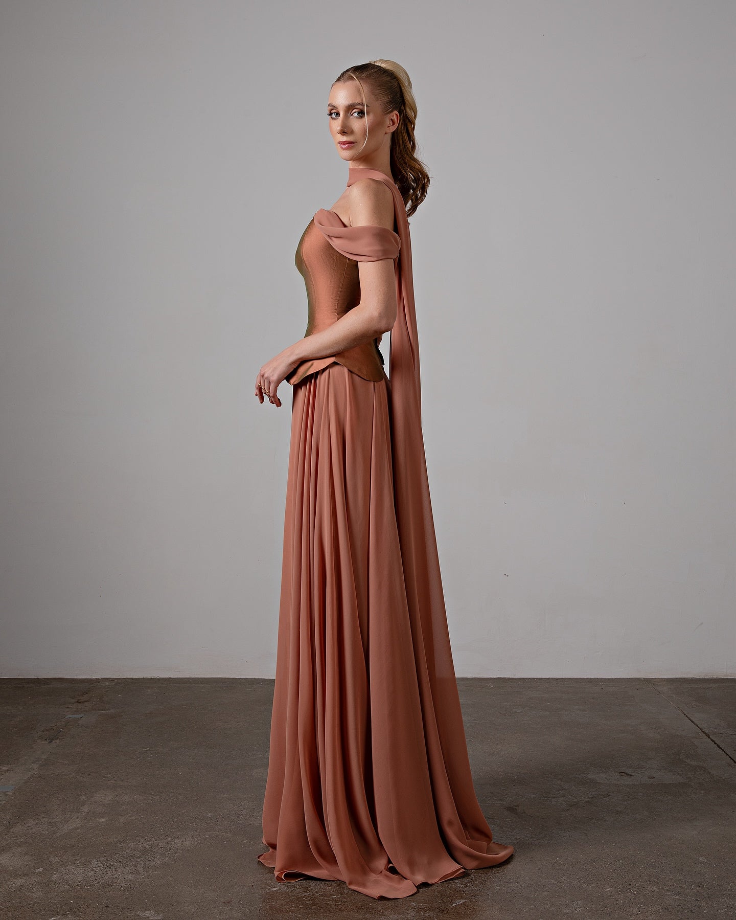 Elegant Brown Off-Shoulder Chiffon Evening Dress with Scarf SF593