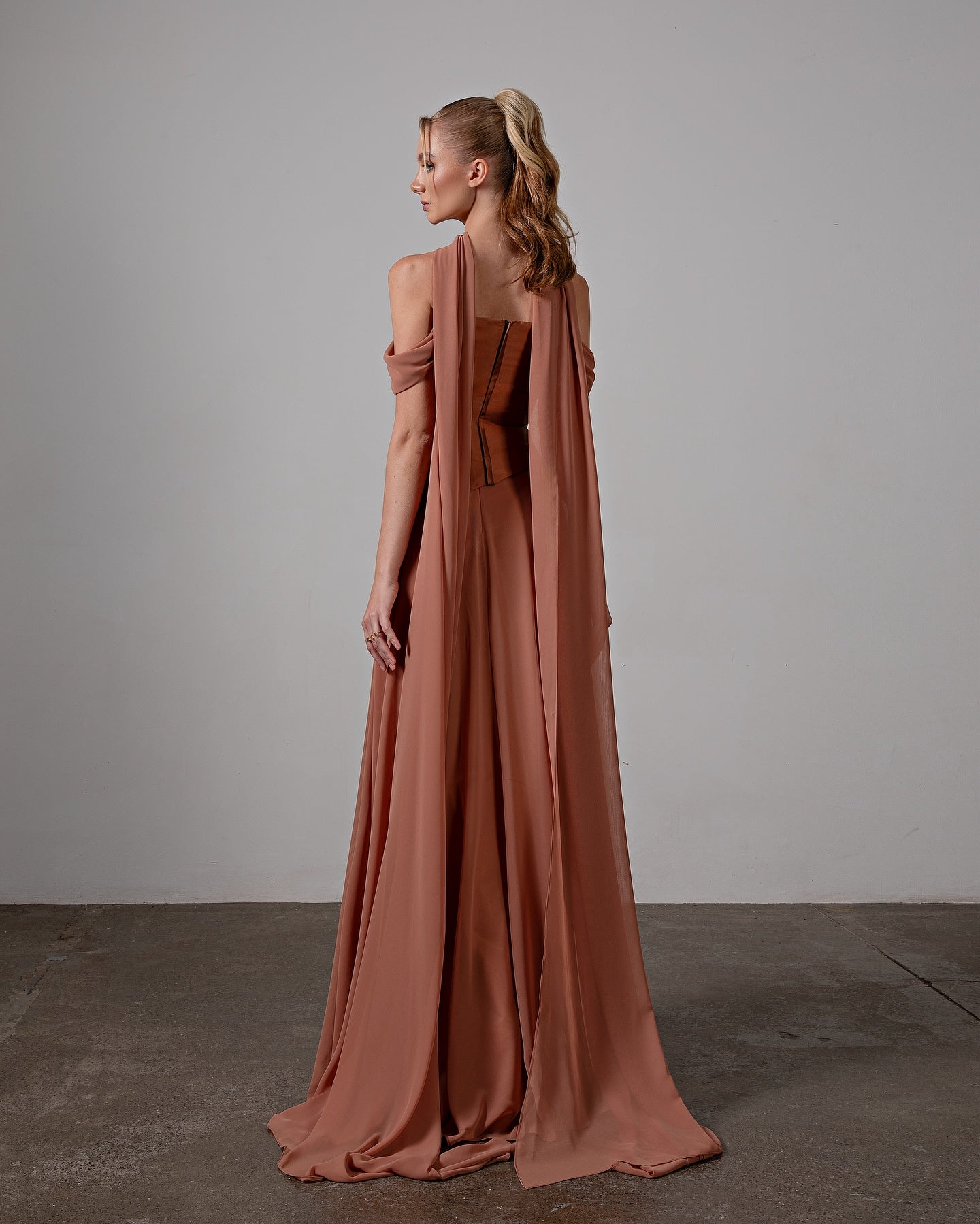 Elegant Brown Off-Shoulder Chiffon Evening Dress with Scarf SF593