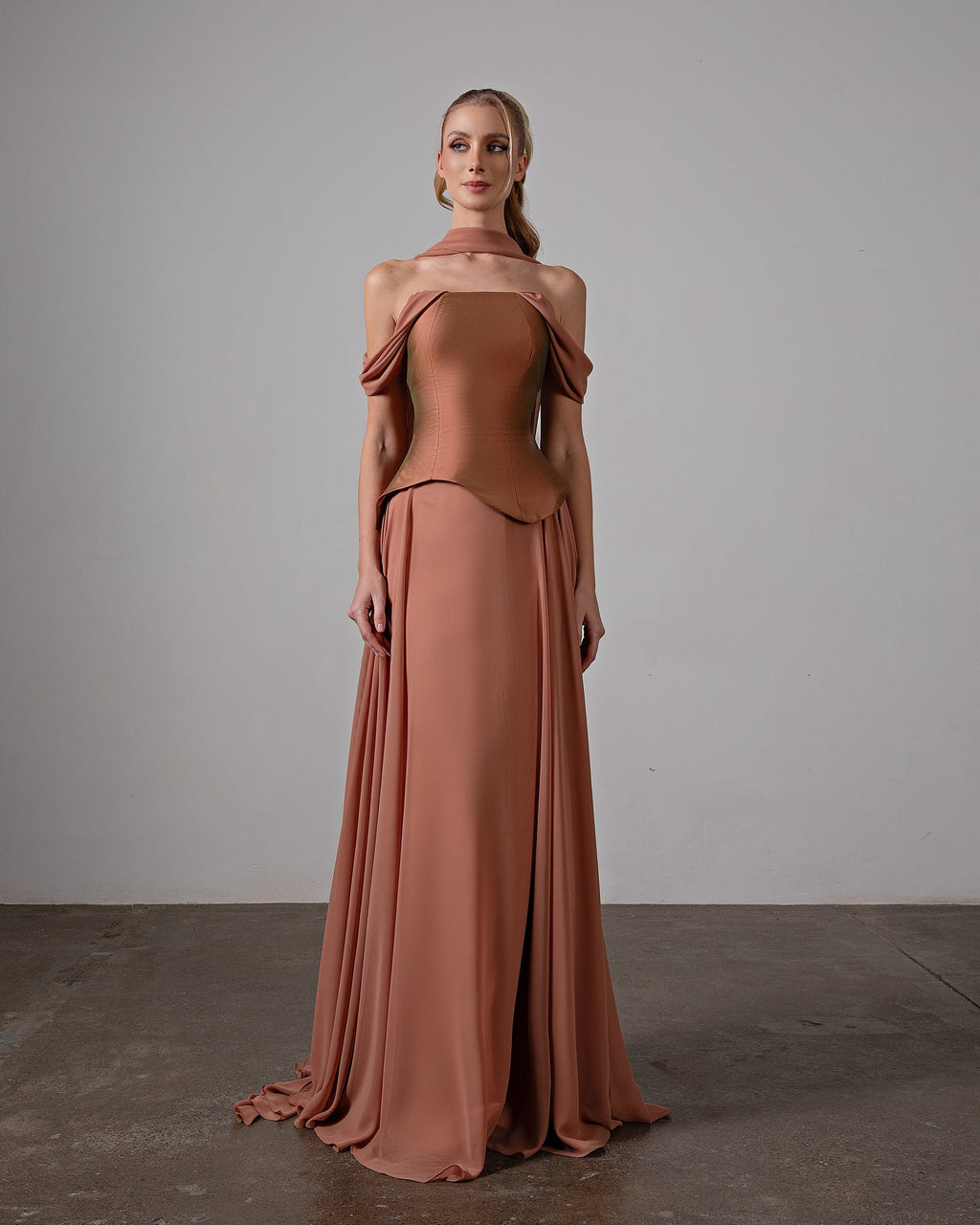 Elegant Brown Off-Shoulder Chiffon Evening Dress with Scarf SF593