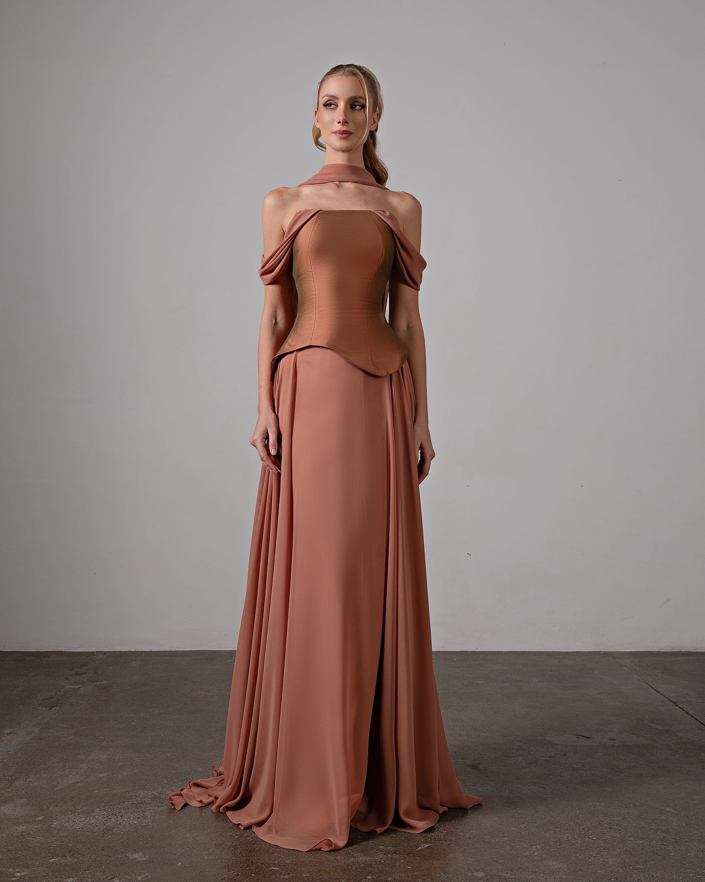 Elegant Brown Off-Shoulder Chiffon Evening Dress with Scarf SF593