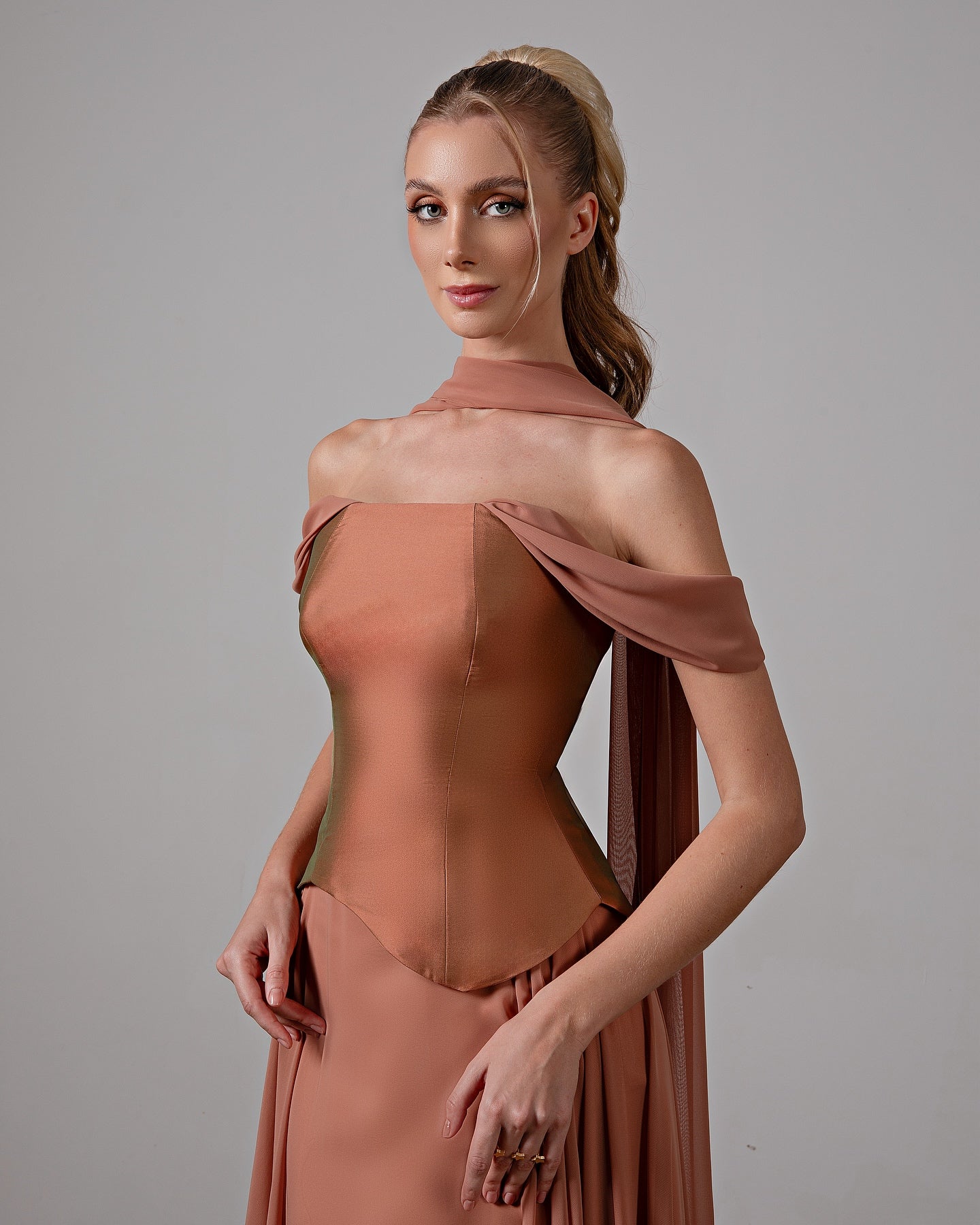 Elegant Brown Off-Shoulder Chiffon Evening Dress with Scarf SF593