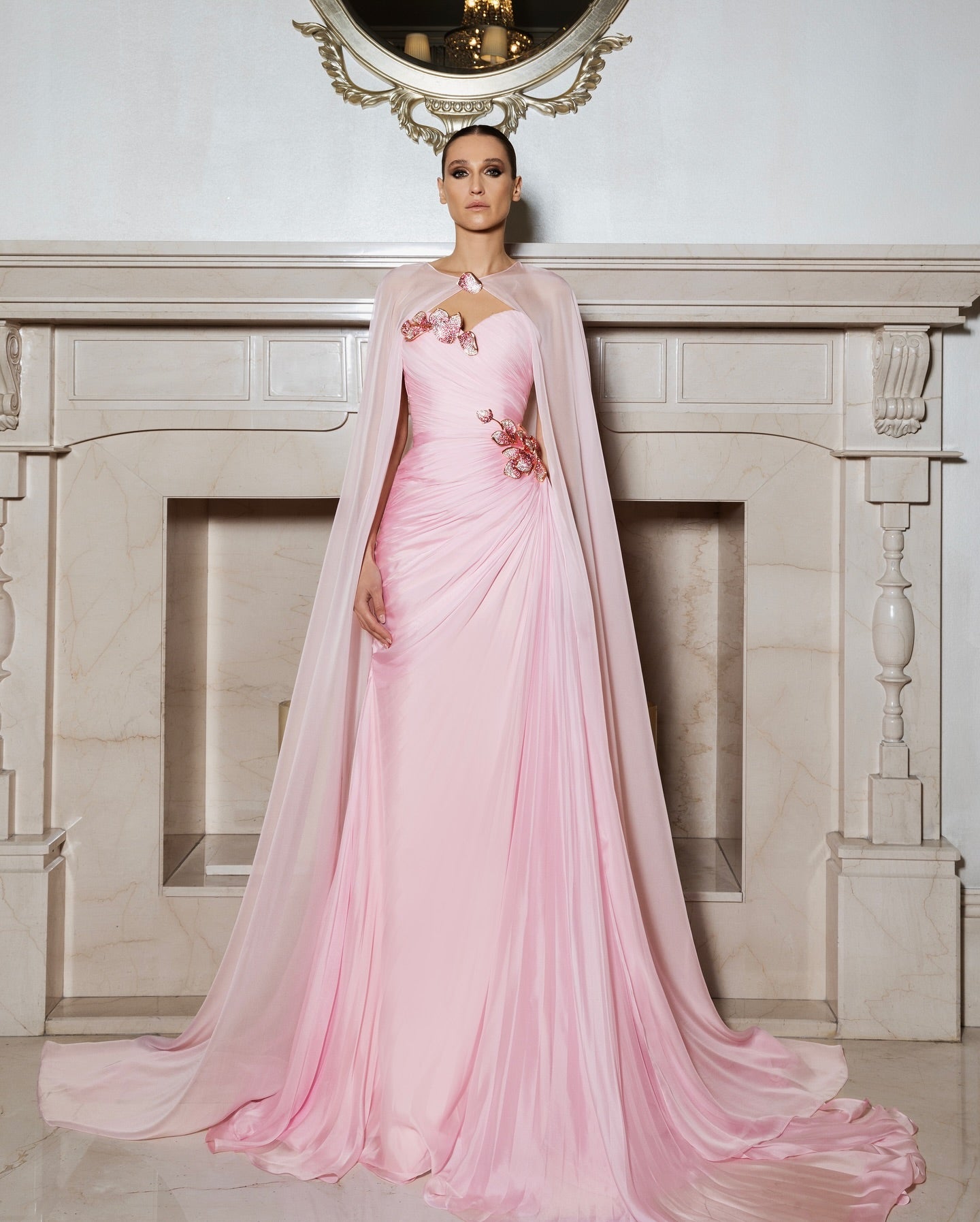 Elegant Romantic Light Pink Evening Dress with Cape SF223